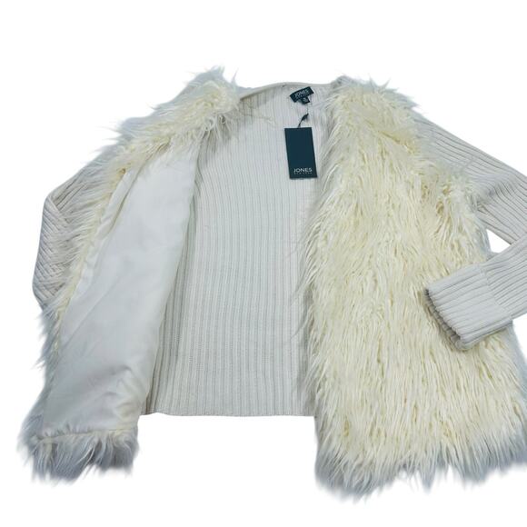 NWT Jones New York Cream Faux Fur Open-Front Cardigan Sweater Ribbed Knit Sz XL - Picture 2 of 11